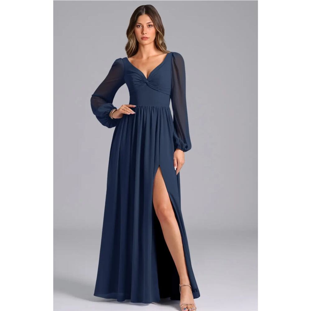 Azazie Navy Blue Long Sleeve Maxi Dress with Side Slit